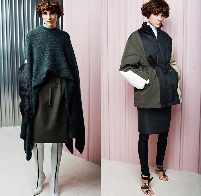 Acne Studios 2014 Pre Fall Womens Lookbook Presentation - Pre Autumn Collection Looks - Palazzo Pants Culottes Wide Leg Leggings Cutout Petals Flowers Floral Motif Graphic Print Minimalist Furry Drapery Scarf Sweater Jumper Multi-Panel Coat Foldover Handkerchief Angular Hem Anorak Skirt Frock Dress Shawl Stole: Designer Denim Jeans Fashion: Season Collections, Runways, Lookbooks and Linesheets