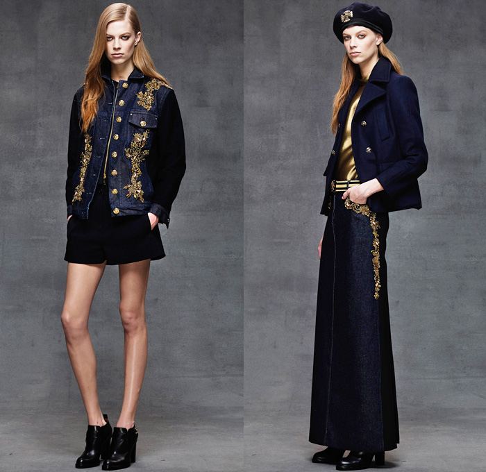 Alberta Ferretti 2014 Pre Fall Womens Lookbook Presentation - Pre Autumn Collection Looks - Denim Jeans Jacket Embroidery Emblem Wide Leg Palazzo Pants Flare Nautical Marine Silk Gold Outerwear Peacoat Trench Coat Seafoam Poseidon Lace Mesh Dress Croptop Midriff Sheer Chiffon Tulle Peek-a-Boo Sequins Drapery Ruffles: Designer Denim Jeans Fashion: Season Collections, Runways, Lookbooks and Linesheets