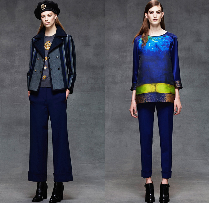 Alberta Ferretti 2014 Pre Fall Womens Lookbook Presentation - Pre Autumn Collection Looks - Denim Jeans Jacket Embroidery Emblem Wide Leg Palazzo Pants Flare Nautical Marine Silk Gold Outerwear Peacoat Trench Coat Seafoam Poseidon Lace Mesh Dress Croptop Midriff Sheer Chiffon Tulle Peek-a-Boo Sequins Drapery Ruffles: Designer Denim Jeans Fashion: Season Collections, Runways, Lookbooks and Linesheets