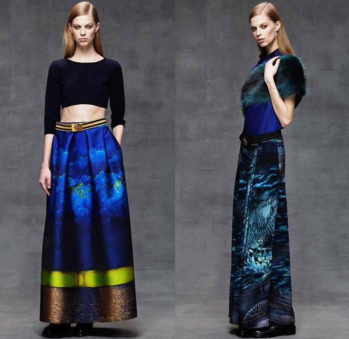 Alberta Ferretti 2014 Pre Fall Womens Lookbook Presentation - Pre Autumn Collection Looks - Denim Jeans Jacket Embroidery Emblem Wide Leg Palazzo Pants Flare Nautical Marine Silk Gold Outerwear Peacoat Trench Coat Seafoam Poseidon Lace Mesh Dress Croptop Midriff Sheer Chiffon Tulle Peek-a-Boo Sequins Drapery Ruffles: Designer Denim Jeans Fashion: Season Collections, Runways, Lookbooks and Linesheets