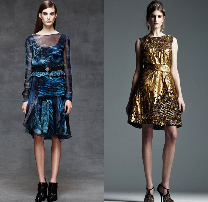 Alberta Ferretti 2014 Pre Fall Womens Lookbook Presentation - Pre Autumn Collection Looks - Denim Jeans Jacket Embroidery Emblem Wide Leg Palazzo Pants Flare Nautical Marine Silk Gold Outerwear Peacoat Trench Coat Seafoam Poseidon Lace Mesh Dress Croptop Midriff Sheer Chiffon Tulle Peek-a-Boo Sequins Drapery Ruffles: Designer Denim Jeans Fashion: Season Collections, Runways, Lookbooks and Linesheets