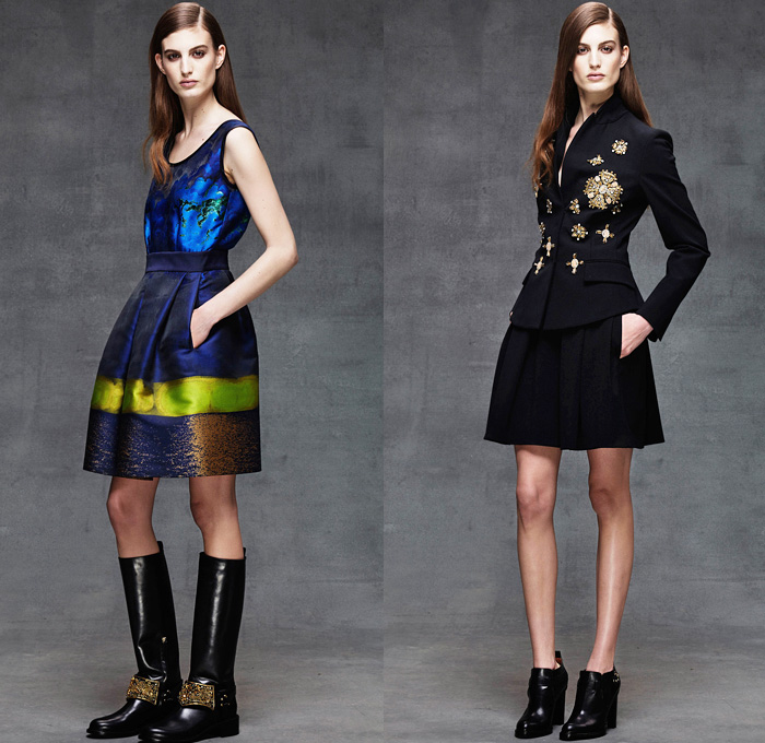 Alberta Ferretti 2014 Pre Fall Womens Lookbook Presentation - Pre Autumn Collection Looks - Denim Jeans Jacket Embroidery Emblem Wide Leg Palazzo Pants Flare Nautical Marine Silk Gold Outerwear Peacoat Trench Coat Seafoam Poseidon Lace Mesh Dress Croptop Midriff Sheer Chiffon Tulle Peek-a-Boo Sequins Drapery Ruffles: Designer Denim Jeans Fashion: Season Collections, Runways, Lookbooks and Linesheets