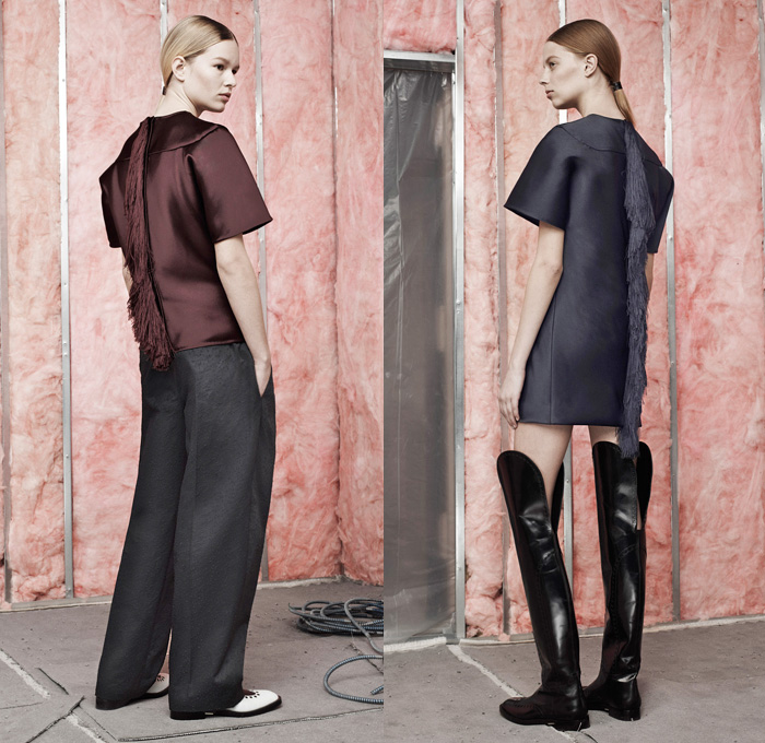 Alexander Wang 2014 Pre Fall Womens Presentation - Pre Autumn Collection - Peel Away Moth Bitten Fabrics Holes Peek-A-Boo Palazzo Pants Gauchos Mohawk Fringes Outerwear Pea Coat Anorak Rainwear Above The Knee Boots: Designer Denim Jeans Fashion: Season Collections, Runways, Lookbooks and Linesheets