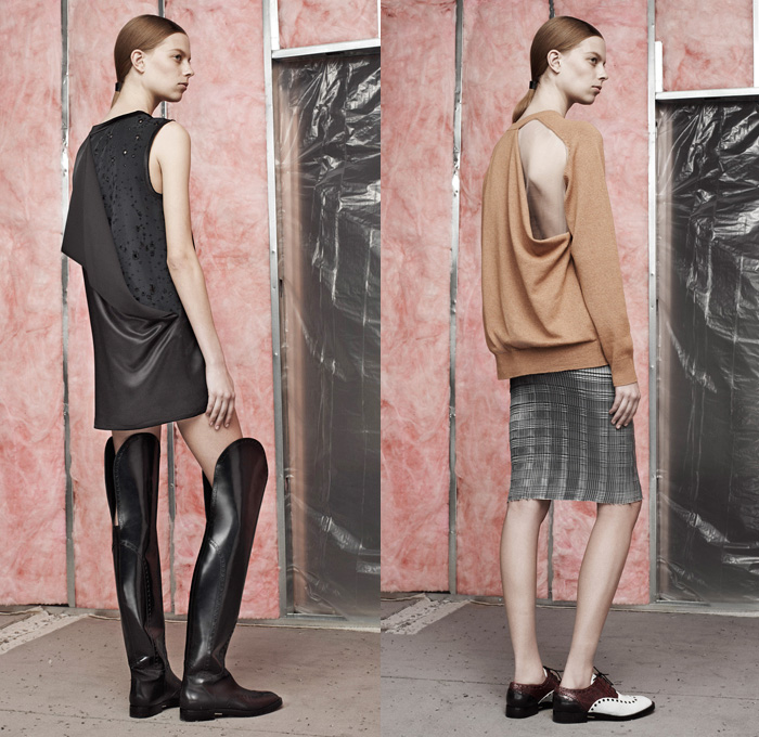 Alexander Wang 2014 Pre Fall Womens Presentation - Pre Autumn Collection - Peel Away Moth Bitten Fabrics Holes Peek-A-Boo Palazzo Pants Gauchos Mohawk Fringes Outerwear Pea Coat Anorak Rainwear Above The Knee Boots: Designer Denim Jeans Fashion: Season Collections, Runways, Lookbooks and Linesheets