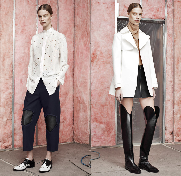 Alexander Wang 2014 Pre Fall Womens Presentation - Pre Autumn Collection - Peel Away Moth Bitten Fabrics Holes Peek-A-Boo Palazzo Pants Gauchos Mohawk Fringes Outerwear Pea Coat Anorak Rainwear Above The Knee Boots: Designer Denim Jeans Fashion: Season Collections, Runways, Lookbooks and Linesheets