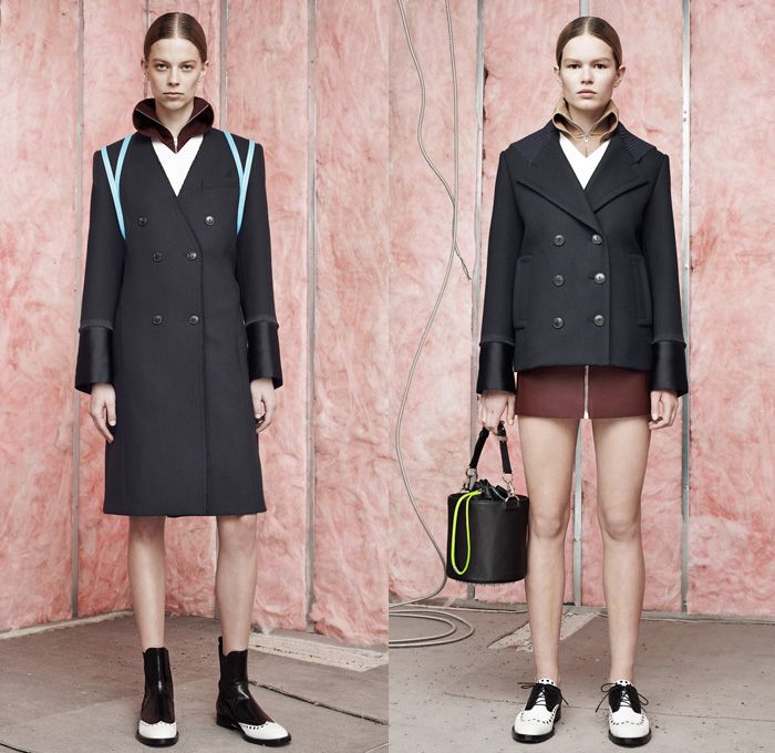 Alexander Wang 2014 Pre Fall Womens Presentation - Pre Autumn Collection - Peel Away Moth Bitten Fabrics Holes Peek-A-Boo Palazzo Pants Gauchos Mohawk Fringes Outerwear Pea Coat Anorak Rainwear Above The Knee Boots: Designer Denim Jeans Fashion: Season Collections, Runways, Lookbooks and Linesheets