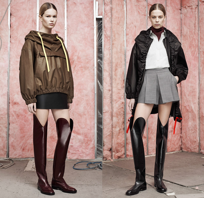 Alexander Wang 2014 Pre Fall Womens Presentation - Pre Autumn Collection - Peel Away Moth Bitten Fabrics Holes Peek-A-Boo Palazzo Pants Gauchos Mohawk Fringes Outerwear Pea Coat Anorak Rainwear Above The Knee Boots: Designer Denim Jeans Fashion: Season Collections, Runways, Lookbooks and Linesheets