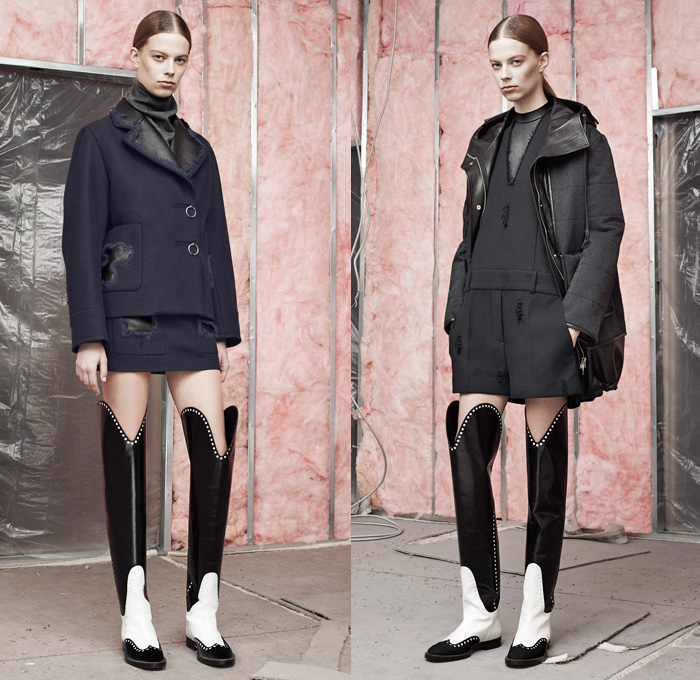 Alexander Wang 2014 Pre Fall Womens Presentation - Pre Autumn Collection - Peel Away Moth Bitten Fabrics Holes Peek-A-Boo Palazzo Pants Gauchos Mohawk Fringes Outerwear Pea Coat Anorak Rainwear Above The Knee Boots: Designer Denim Jeans Fashion: Season Collections, Runways, Lookbooks and Linesheets