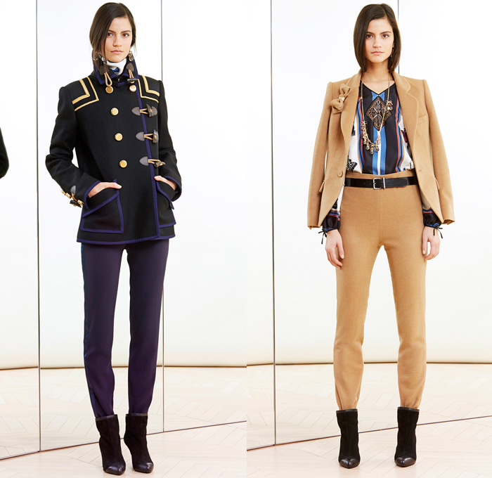 Alexis Mabille 2014 Pre Fall Womens Lookbook Presentation - Pre Autumn Collection Looks - Bow Tie Quilted Denim Jeans Sheer Chiffon Net Mesh Peekaboo Pantsuit Stripes Blazer Wrap Drapery Typography Tuxedo Jacket Riding Coat Nautical Cardigan Sweatpants Wide Leg Bell Bottom Flare Palazzo Pants Poodle Circle Skirt Shirtdress One Shoulder : Designer Denim Jeans Fashion: Season Collections, Runways, Lookbooks and Linesheets