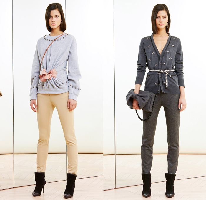 Alexis Mabille 2014 Pre Fall Womens Lookbook Presentation - Pre Autumn Collection Looks - Bow Tie Quilted Denim Jeans Sheer Chiffon Net Mesh Peekaboo Pantsuit Stripes Blazer Wrap Drapery Typography Tuxedo Jacket Riding Coat Nautical Cardigan Sweatpants Wide Leg Bell Bottom Flare Palazzo Pants Poodle Circle Skirt Shirtdress One Shoulder : Designer Denim Jeans Fashion: Season Collections, Runways, Lookbooks and Linesheets