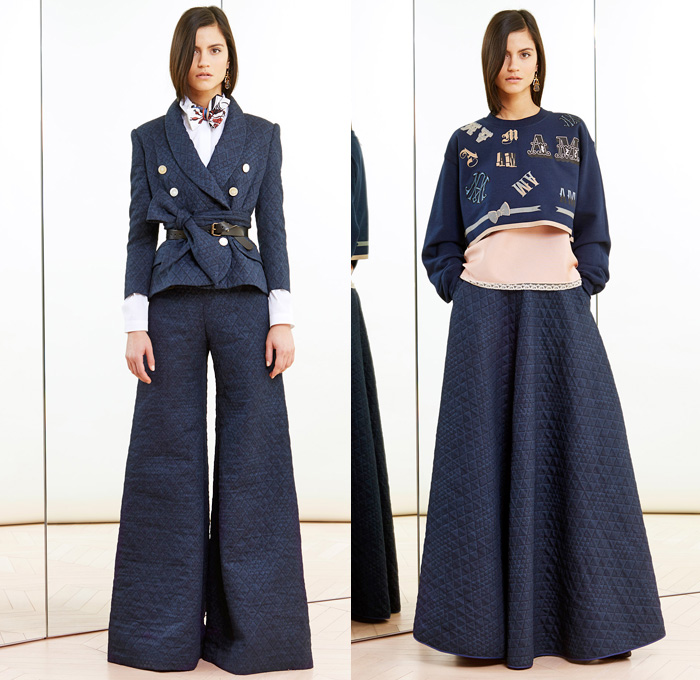 Alexis Mabille 2014 Pre Fall Womens Lookbook Presentation - Pre Autumn Collection Looks - Bow Tie Quilted Denim Jeans Sheer Chiffon Net Mesh Peekaboo Pantsuit Stripes Blazer Wrap Drapery Typography Tuxedo Jacket Riding Coat Nautical Cardigan Sweatpants Wide Leg Bell Bottom Flare Palazzo Pants Poodle Circle Skirt Shirtdress One Shoulder : Designer Denim Jeans Fashion: Season Collections, Runways, Lookbooks and Linesheets