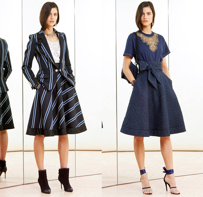 Alexis Mabille 2014 Pre Fall Womens Lookbook Presentation - Pre Autumn Collection Looks - Bow Tie Quilted Denim Jeans Sheer Chiffon Net Mesh Peekaboo Pantsuit Stripes Blazer Wrap Drapery Typography Tuxedo Jacket Riding Coat Nautical Cardigan Sweatpants Wide Leg Bell Bottom Flare Palazzo Pants Poodle Circle Skirt Shirtdress One Shoulder : Designer Denim Jeans Fashion: Season Collections, Runways, Lookbooks and Linesheets