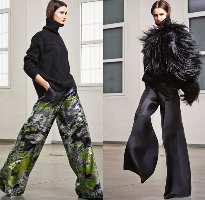 Antonio Berardi 2014 Pre Fall Womens Presentation - Pre Autumn Collection Looks - Wide Leg Palazzo Pants Culottes Masculine Pantsuit Blazer Fringes Feathers Wrap Sheer Chiffon Peek-A-Boo Turtleneck Knitwear Cape Cloak Poncho Coat Ruffles Peplum Checks Embroidery Embellishments: Designer Denim Jeans Fashion: Season Collections, Runways, Lookbooks and Linesheets