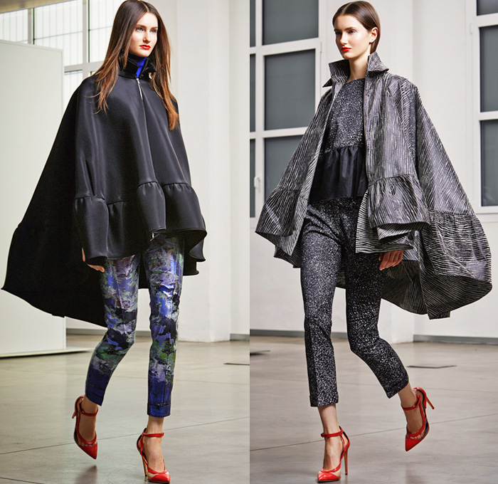 Antonio Berardi 2014 Pre Fall Womens Presentation - Pre Autumn Collection Looks - Wide Leg Palazzo Pants Culottes Masculine Pantsuit Blazer Fringes Feathers Wrap Sheer Chiffon Peek-A-Boo Turtleneck Knitwear Cape Cloak Poncho Coat Ruffles Peplum Checks Embroidery Embellishments: Designer Denim Jeans Fashion: Season Collections, Runways, Lookbooks and Linesheets