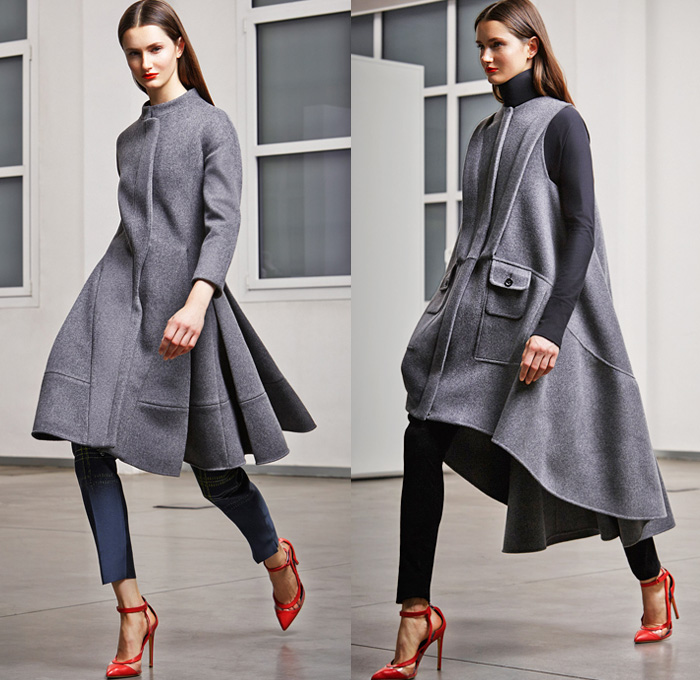 Antonio Berardi 2014 Pre Fall Womens Presentation - Pre Autumn Collection Looks - Wide Leg Palazzo Pants Culottes Masculine Pantsuit Blazer Fringes Feathers Wrap Sheer Chiffon Peek-A-Boo Turtleneck Knitwear Cape Cloak Poncho Coat Ruffles Peplum Checks Embroidery Embellishments: Designer Denim Jeans Fashion: Season Collections, Runways, Lookbooks and Linesheets