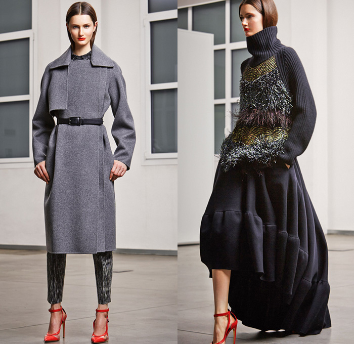 Antonio Berardi 2014 Pre Fall Womens Presentation - Pre Autumn Collection Looks - Wide Leg Palazzo Pants Culottes Masculine Pantsuit Blazer Fringes Feathers Wrap Sheer Chiffon Peek-A-Boo Turtleneck Knitwear Cape Cloak Poncho Coat Ruffles Peplum Checks Embroidery Embellishments: Designer Denim Jeans Fashion: Season Collections, Runways, Lookbooks and Linesheets