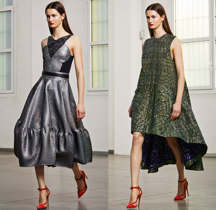 Antonio Berardi 2014 Pre Fall Womens Presentation - Pre Autumn Collection Looks - Wide Leg Palazzo Pants Culottes Masculine Pantsuit Blazer Fringes Feathers Wrap Sheer Chiffon Peek-A-Boo Turtleneck Knitwear Cape Cloak Poncho Coat Ruffles Peplum Checks Embroidery Embellishments: Designer Denim Jeans Fashion: Season Collections, Runways, Lookbooks and Linesheets