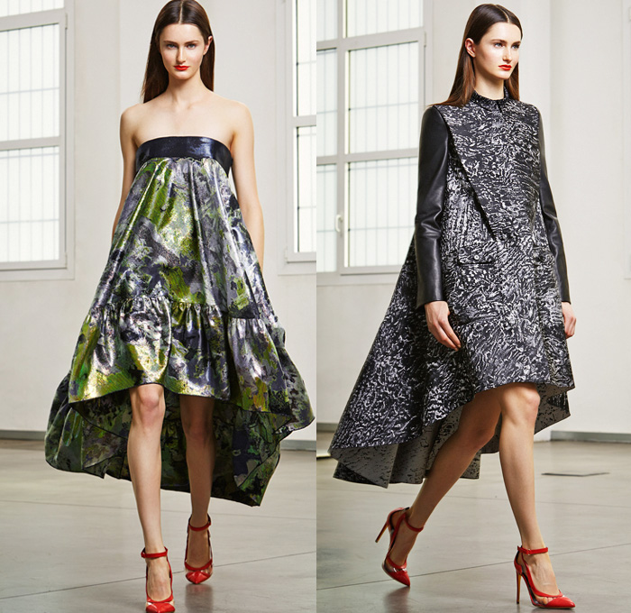 Antonio Berardi 2014 Pre Fall Womens Presentation - Pre Autumn Collection Looks - Wide Leg Palazzo Pants Culottes Masculine Pantsuit Blazer Fringes Feathers Wrap Sheer Chiffon Peek-A-Boo Turtleneck Knitwear Cape Cloak Poncho Coat Ruffles Peplum Checks Embroidery Embellishments: Designer Denim Jeans Fashion: Season Collections, Runways, Lookbooks and Linesheets