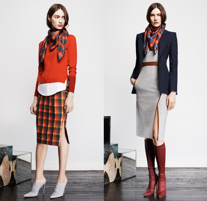 Altuzarra 2014 Pre Fall Womens Presentation - Pre Autumn Collection - Plaid Stripes Outerwear Coats Jackets Blazers Pencil Skirt High Side Slits Drapery Pleats: Designer Denim Jeans Fashion: Season Collections, Runways, Lookbooks and Linesheets