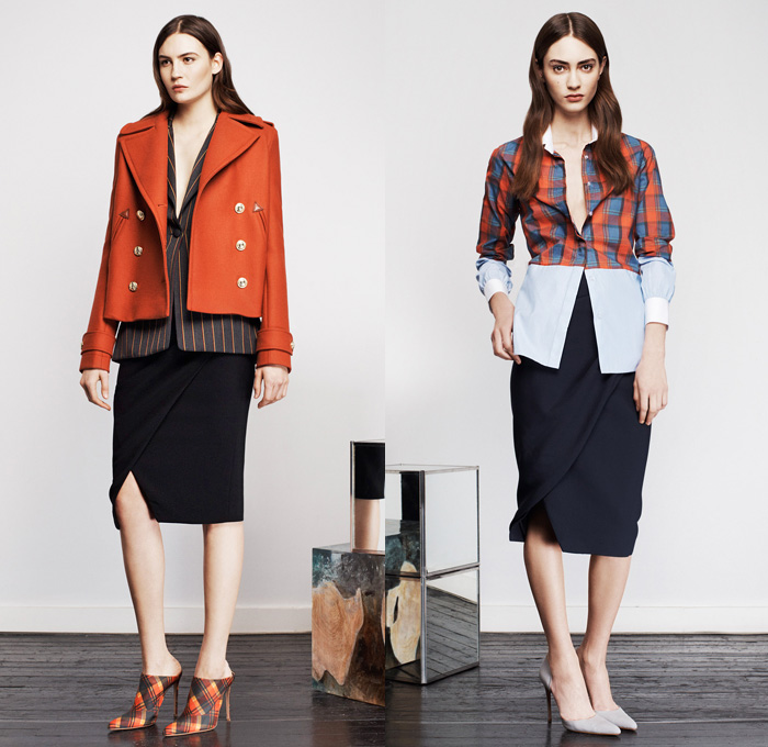 Altuzarra 2014 Pre Fall Womens Presentation - Pre Autumn Collection - Plaid Stripes Outerwear Coats Jackets Blazers Pencil Skirt High Side Slits Drapery Pleats: Designer Denim Jeans Fashion: Season Collections, Runways, Lookbooks and Linesheets