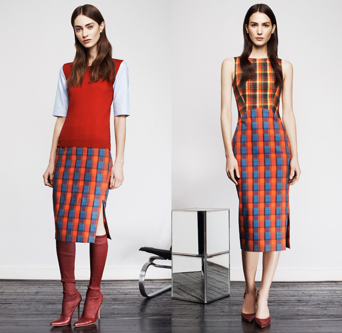 Altuzarra 2014 Pre Fall Womens Presentation - Pre Autumn Collection - Plaid Stripes Outerwear Coats Jackets Blazers Pencil Skirt High Side Slits Drapery Pleats: Designer Denim Jeans Fashion: Season Collections, Runways, Lookbooks and Linesheets