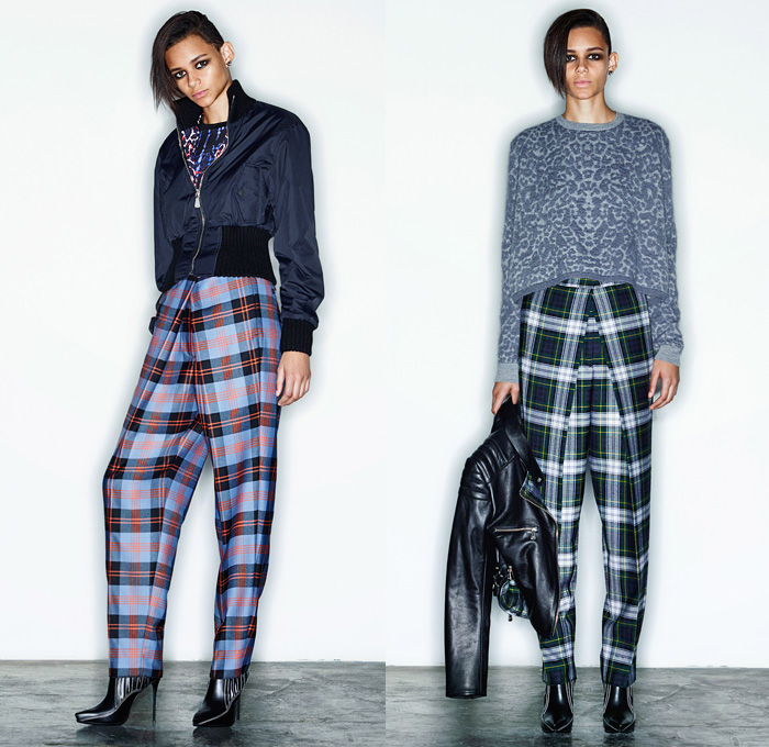 McQ Alexander McQueen 2014 Pre Fall Womens Lookbook Presentation - Pre Autumn Collection Looks - Denim Jeans Destroyed Patchwork Animal Safari Leopard Cheetah Bomber Trucker Jacket Outerwear Parka Pea Coat Turtleneck Sweater Jumper Motorcycle Biker Leather Crosshatch Plaid Tartan Pleated Reptile Skin Pattern Belt Corset: Designer Denim Jeans Fashion: Season Collections, Runways, Lookbooks and Linesheets