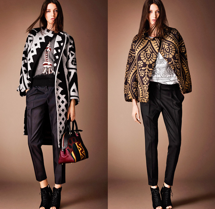 Burberry Prorsum 2014 Pre Fall Womens Presentation - Outerwear Coats Furry Jackets Embroidery Geometric Foliage Prints Lace Peek-A-Boo Dress Diamonds Metallic Map: Designer Denim Jeans Fashion: Season Collections, Runways, Lookbooks and Linesheets