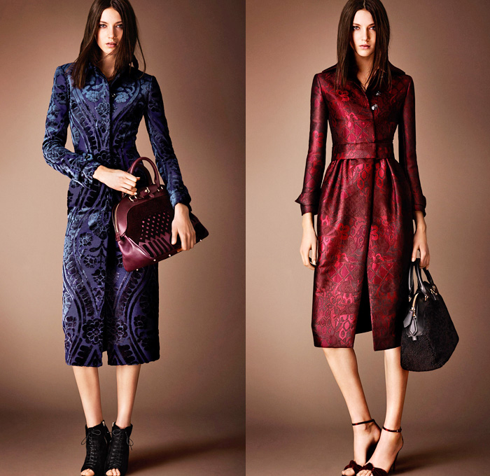 Burberry Prorsum 2014 Pre Fall Womens Presentation - Outerwear Coats Furry Jackets Embroidery Geometric Foliage Prints Lace Peek-A-Boo Dress Diamonds Metallic Map: Designer Denim Jeans Fashion: Season Collections, Runways, Lookbooks and Linesheets