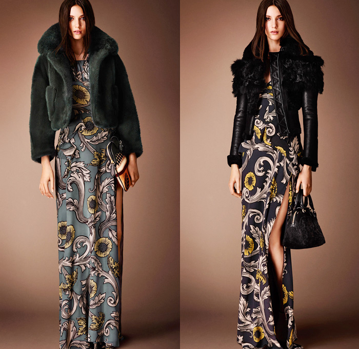 Burberry Prorsum 2014 Pre Fall Womens Presentation - Outerwear Coats Furry Jackets Embroidery Geometric Foliage Prints Lace Peek-A-Boo Dress Diamonds Metallic Map: Designer Denim Jeans Fashion: Season Collections, Runways, Lookbooks and Linesheets