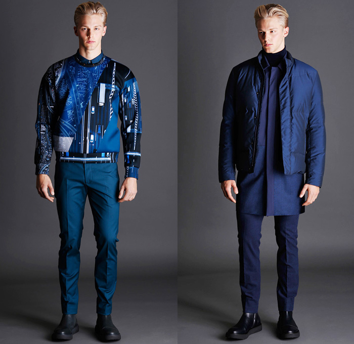 Calvin Klein Collection 2014 Pre Fall Mens Presentation - Pre Autumn Collection - Minimalist Silky Metallic Trousers Outerwear Trench Coat Peacoat Turtleneck Waffle Quilted Jacket City Roadmap Print Motif : Designer Denim Jeans Fashion: Season Collections, Runways, Lookbooks and Linesheets