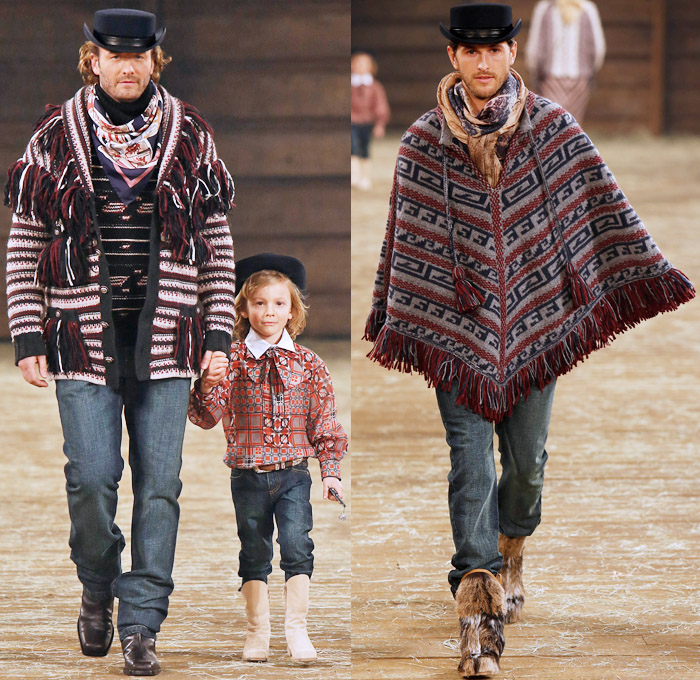 Chanel 2014 Pre Fall Mens Runway Presentation - Pre Autumn Collection Looks Dallas Texas - Old American Western Frontier Native American Indian Cowboy Ethnic Folk Ornamental Decorative Art Patterns Chunky Knitwear Denim Jeans Poncho Fringes Outerwear Coats: Designer Denim Jeans Fashion: Season Collections, Runways, Lookbooks and Linesheets