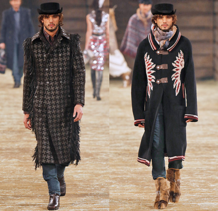 Chanel 2014 Pre Fall Mens Runway Presentation - Pre Autumn Collection Looks Dallas Texas - Old American Western Frontier Native American Indian Cowboy Ethnic Folk Ornamental Decorative Art Patterns Chunky Knitwear Denim Jeans Poncho Fringes Outerwear Coats: Designer Denim Jeans Fashion: Season Collections, Runways, Lookbooks and Linesheets