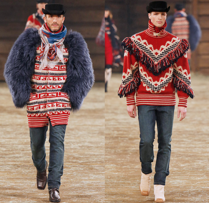 Chanel 2014 Pre Fall Mens Runway Presentation - Pre Autumn Collection Looks Dallas Texas - Old American Western Frontier Native American Indian Cowboy Ethnic Folk Ornamental Decorative Art Patterns Chunky Knitwear Denim Jeans Poncho Fringes Outerwear Coats: Designer Denim Jeans Fashion: Season Collections, Runways, Lookbooks and Linesheets