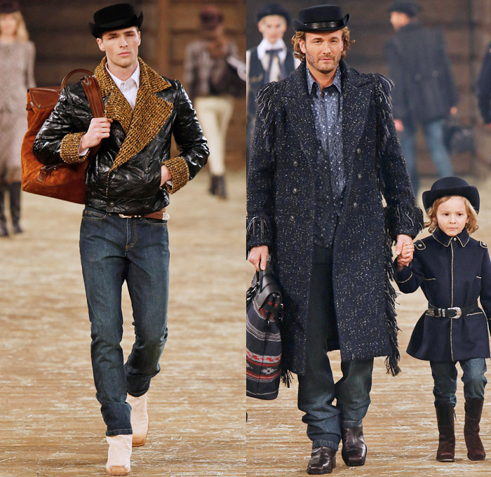 Chanel 2014 Pre Fall Mens Runway Presentation - Pre Autumn Collection Looks Dallas Texas - Old American Western Frontier Native American Indian Cowboy Ethnic Folk Ornamental Decorative Art Patterns Chunky Knitwear Denim Jeans Poncho Fringes Outerwear Coats: Designer Denim Jeans Fashion: Season Collections, Runways, Lookbooks and Linesheets