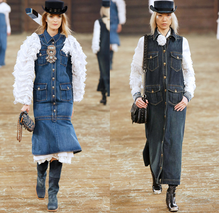 Chanel 2014 Pre Fall Womens Runway Presentation - Pre Autumn Collection Looks Dallas Texas - Old American Western Frontier Native American Indian Cowgirl Ethnic Folk Ornamental Decorative Art Patterns Chunky Knitwear Lace Ruffles Denim Jeans Poncho Fringes Outerwear Coats Culottes Palazzo Pants: Designer Denim Jeans Fashion: Season Collections, Runways, Lookbooks and Linesheets