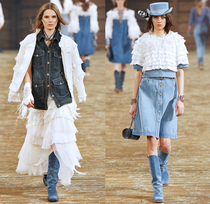 Chanel 2014 Pre Fall Womens Runway Presentation - Pre Autumn Collection Looks Dallas Texas - Old American Western Frontier Native American Indian Cowgirl Ethnic Folk Ornamental Decorative Art Patterns Chunky Knitwear Lace Ruffles Denim Jeans Poncho Fringes Outerwear Coats Culottes Palazzo Pants: Designer Denim Jeans Fashion: Season Collections, Runways, Lookbooks and Linesheets