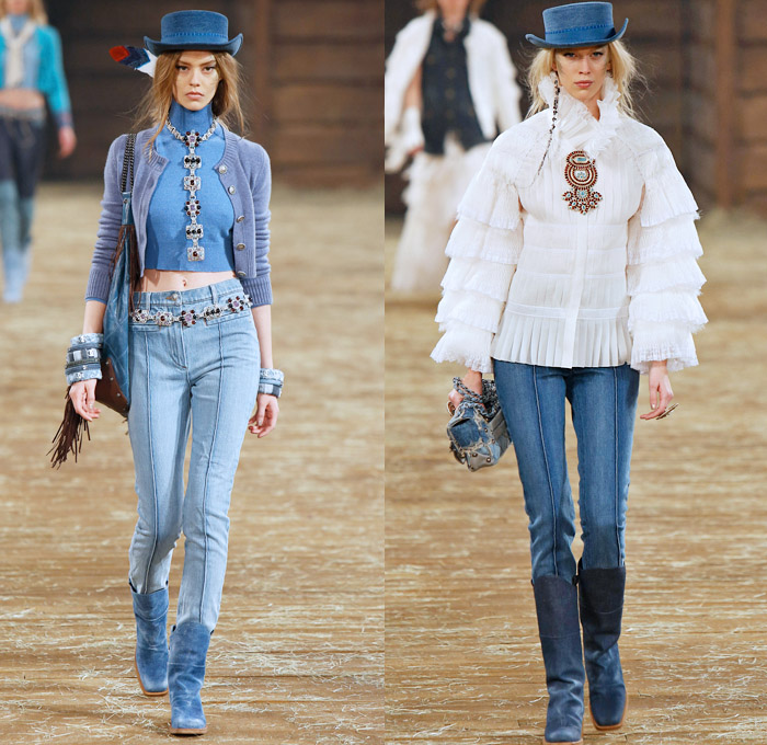 Chanel 2014 Pre Fall Womens Runway Presentation - Pre Autumn Collection Looks Dallas Texas - Old American Western Frontier Native American Indian Cowgirl Ethnic Folk Ornamental Decorative Art Patterns Chunky Knitwear Lace Ruffles Denim Jeans Poncho Fringes Outerwear Coats Culottes Palazzo Pants: Designer Denim Jeans Fashion: Season Collections, Runways, Lookbooks and Linesheets