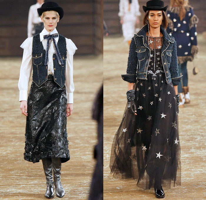 Chanel 2014 Pre Fall Womens Runway Presentation - Pre Autumn Collection Looks Dallas Texas - Old American Western Frontier Native American Indian Cowgirl Ethnic Folk Ornamental Decorative Art Patterns Chunky Knitwear Lace Ruffles Denim Jeans Poncho Fringes Outerwear Coats Culottes Palazzo Pants: Designer Denim Jeans Fashion: Season Collections, Runways, Lookbooks and Linesheets