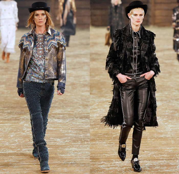 Chanel 2014 Pre Fall Womens Runway Presentation - Pre Autumn Collection Looks Dallas Texas - Old American Western Frontier Native American Indian Cowgirl Ethnic Folk Ornamental Decorative Art Patterns Chunky Knitwear Lace Ruffles Denim Jeans Poncho Fringes Outerwear Coats Culottes Palazzo Pants: Designer Denim Jeans Fashion: Season Collections, Runways, Lookbooks and Linesheets