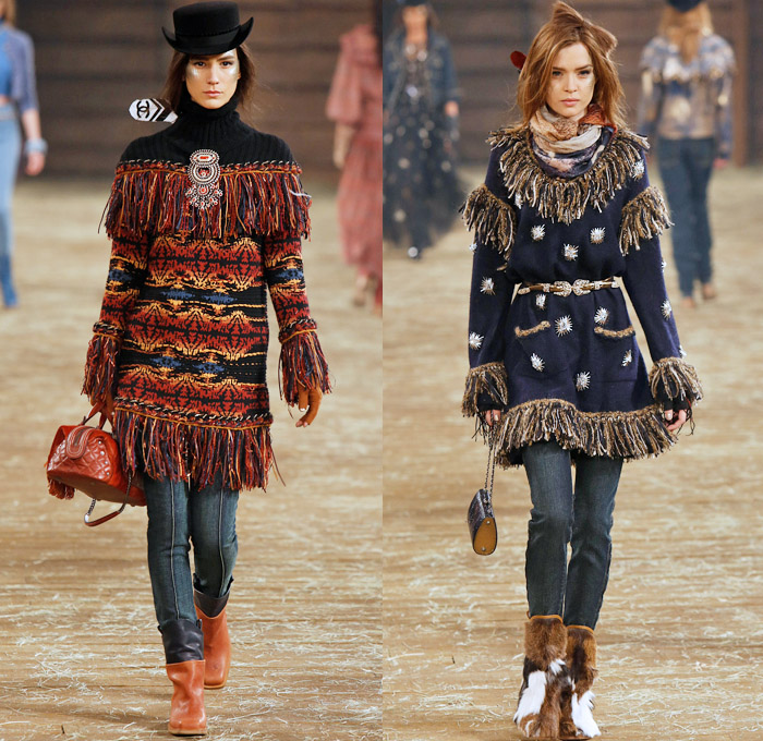 Chanel 2014 Pre Fall Womens Runway Presentation - Pre Autumn Collection Looks Dallas Texas - Old American Western Frontier Native American Indian Cowgirl Ethnic Folk Ornamental Decorative Art Patterns Chunky Knitwear Lace Ruffles Denim Jeans Poncho Fringes Outerwear Coats Culottes Palazzo Pants: Designer Denim Jeans Fashion: Season Collections, Runways, Lookbooks and Linesheets