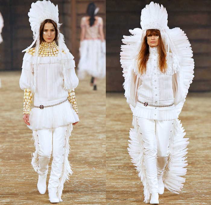 Chanel 2014 Pre Fall Womens Runway Presentation - Pre Autumn Collection Looks Dallas Texas - Old American Western Frontier Native American Indian Cowgirl Ethnic Folk Ornamental Decorative Art Patterns Chunky Knitwear Lace Ruffles Denim Jeans Poncho Fringes Outerwear Coats Culottes Palazzo Pants: Designer Denim Jeans Fashion: Season Collections, Runways, Lookbooks and Linesheets