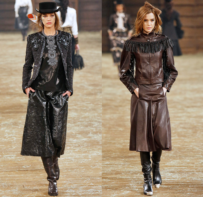 Chanel 2014 Pre Fall Womens Runway Presentation - Pre Autumn Collection Looks Dallas Texas - Old American Western Frontier Native American Indian Cowgirl Ethnic Folk Ornamental Decorative Art Patterns Chunky Knitwear Lace Ruffles Denim Jeans Poncho Fringes Outerwear Coats Culottes Palazzo Pants: Designer Denim Jeans Fashion: Season Collections, Runways, Lookbooks and Linesheets