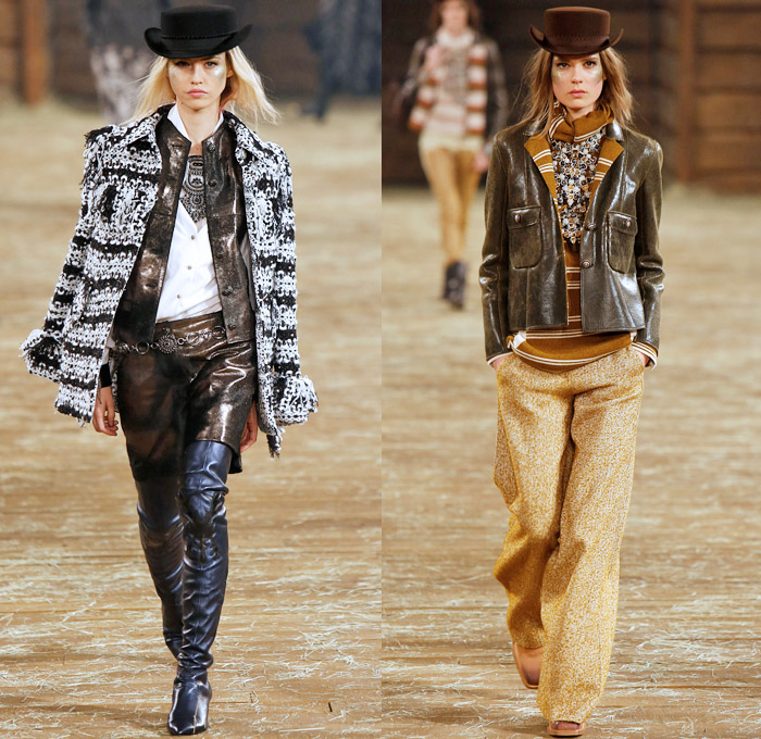 Chanel 2014 Pre Fall Womens Runway Presentation - Pre Autumn Collection Looks Dallas Texas - Old American Western Frontier Native American Indian Cowgirl Ethnic Folk Ornamental Decorative Art Patterns Chunky Knitwear Lace Ruffles Denim Jeans Poncho Fringes Outerwear Coats Culottes Palazzo Pants: Designer Denim Jeans Fashion: Season Collections, Runways, Lookbooks and Linesheets