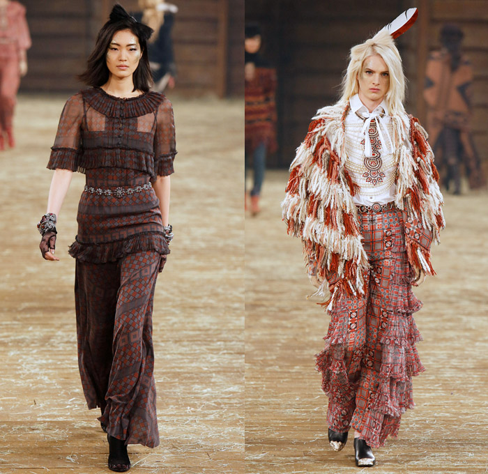 Chanel 2014 Pre Fall Womens Runway Presentation - Pre Autumn Collection Looks Dallas Texas - Old American Western Frontier Native American Indian Cowgirl Ethnic Folk Ornamental Decorative Art Patterns Chunky Knitwear Lace Ruffles Denim Jeans Poncho Fringes Outerwear Coats Culottes Palazzo Pants: Designer Denim Jeans Fashion: Season Collections, Runways, Lookbooks and Linesheets