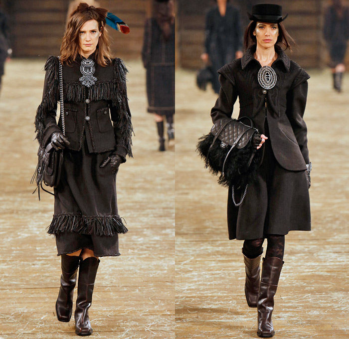 Chanel 2014 Pre Fall Womens Runway Presentation - Pre Autumn Collection Looks Dallas Texas - Old American Western Frontier Native American Indian Cowgirl Ethnic Folk Ornamental Decorative Art Patterns Chunky Knitwear Lace Ruffles Denim Jeans Poncho Fringes Outerwear Coats Culottes Palazzo Pants: Designer Denim Jeans Fashion: Season Collections, Runways, Lookbooks and Linesheets