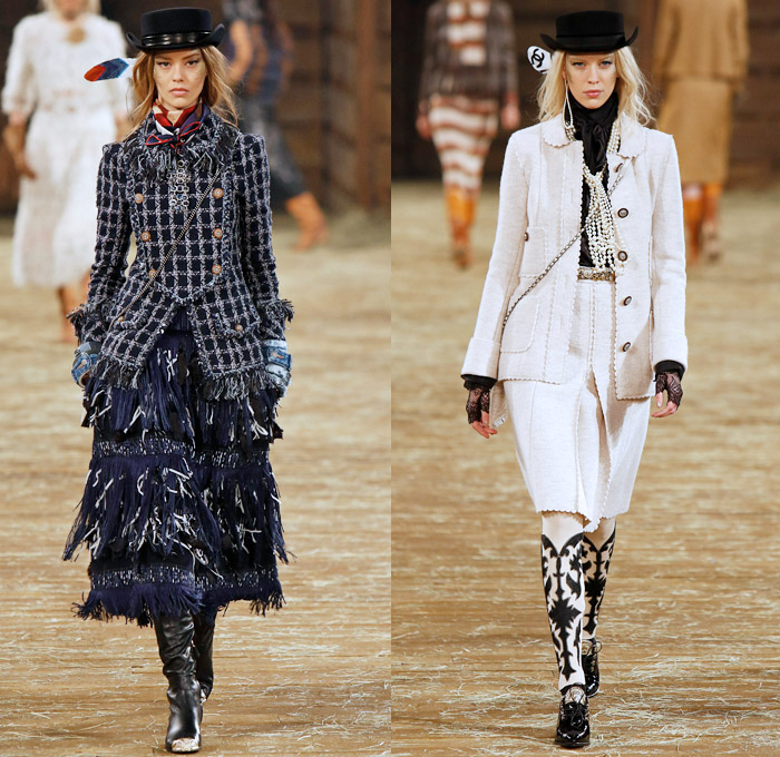 Chanel 2014 Pre Fall Womens Runway Presentation - Pre Autumn Collection Looks Dallas Texas - Old American Western Frontier Native American Indian Cowgirl Ethnic Folk Ornamental Decorative Art Patterns Chunky Knitwear Lace Ruffles Denim Jeans Poncho Fringes Outerwear Coats Culottes Palazzo Pants: Designer Denim Jeans Fashion: Season Collections, Runways, Lookbooks and Linesheets