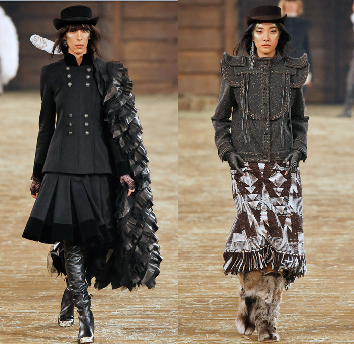 Chanel 2014 Pre Fall Womens Runway Presentation - Pre Autumn Collection Looks Dallas Texas - Old American Western Frontier Native American Indian Cowgirl Ethnic Folk Ornamental Decorative Art Patterns Chunky Knitwear Lace Ruffles Denim Jeans Poncho Fringes Outerwear Coats Culottes Palazzo Pants: Designer Denim Jeans Fashion: Season Collections, Runways, Lookbooks and Linesheets