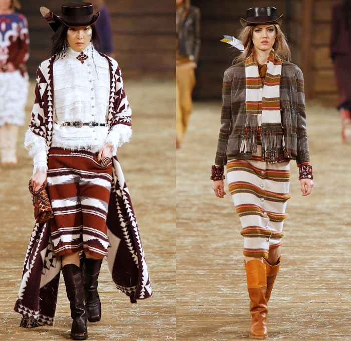 Chanel 2014 Pre Fall Womens Runway Presentation - Pre Autumn Collection Looks Dallas Texas - Old American Western Frontier Native American Indian Cowgirl Ethnic Folk Ornamental Decorative Art Patterns Chunky Knitwear Lace Ruffles Denim Jeans Poncho Fringes Outerwear Coats Culottes Palazzo Pants: Designer Denim Jeans Fashion: Season Collections, Runways, Lookbooks and Linesheets