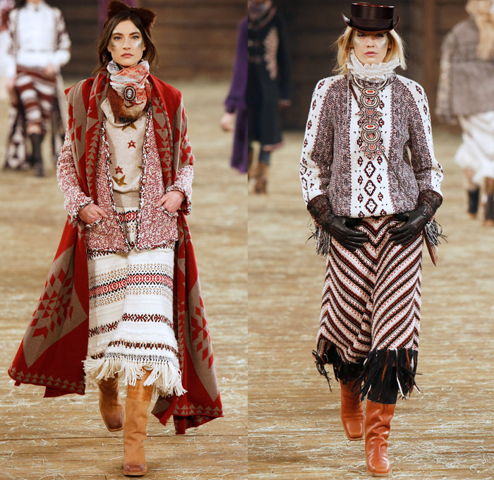 Chanel 2014 Pre Fall Womens Runway Presentation - Pre Autumn Collection Looks Dallas Texas - Old American Western Frontier Native American Indian Cowgirl Ethnic Folk Ornamental Decorative Art Patterns Chunky Knitwear Lace Ruffles Denim Jeans Poncho Fringes Outerwear Coats Culottes Palazzo Pants: Designer Denim Jeans Fashion: Season Collections, Runways, Lookbooks and Linesheets