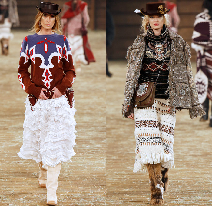 Chanel 2014 Pre Fall Womens Runway Presentation - Pre Autumn Collection Looks Dallas Texas - Old American Western Frontier Native American Indian Cowgirl Ethnic Folk Ornamental Decorative Art Patterns Chunky Knitwear Lace Ruffles Denim Jeans Poncho Fringes Outerwear Coats Culottes Palazzo Pants: Designer Denim Jeans Fashion: Season Collections, Runways, Lookbooks and Linesheets